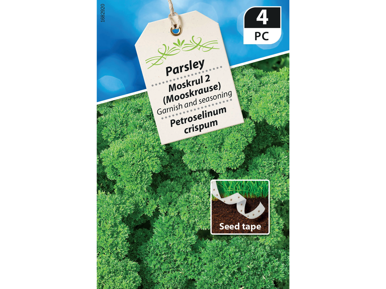 Parsley seed tape packaging with text '4 PC' and 'Seed tape'.
