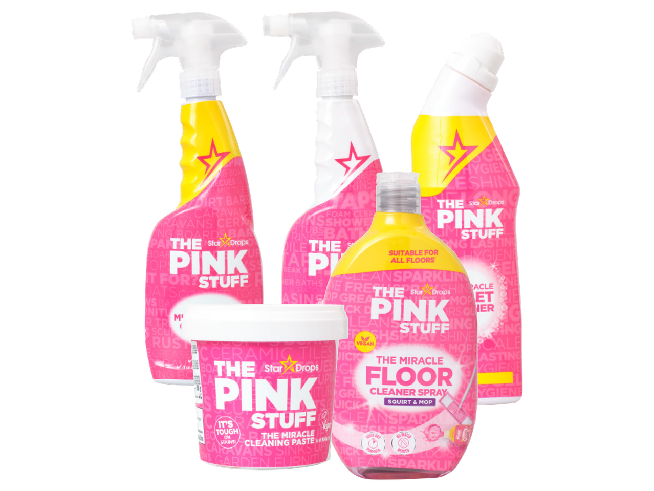 The Pink Stuff tīrīšanas līdzekļi: tīrīšanas pasta, grīdas tīrīšanas aerosols un citi.