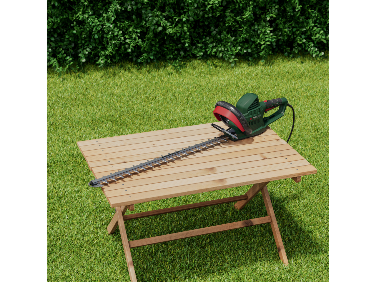 Parkside gyvatvorio žirklės ant medinio stalo žolėje.