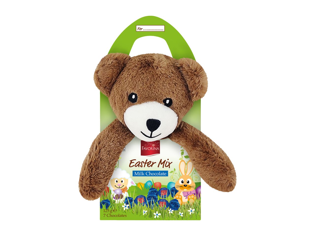 A brown teddy bear plush toy holding a green Easter Mix milk chocolate package.
