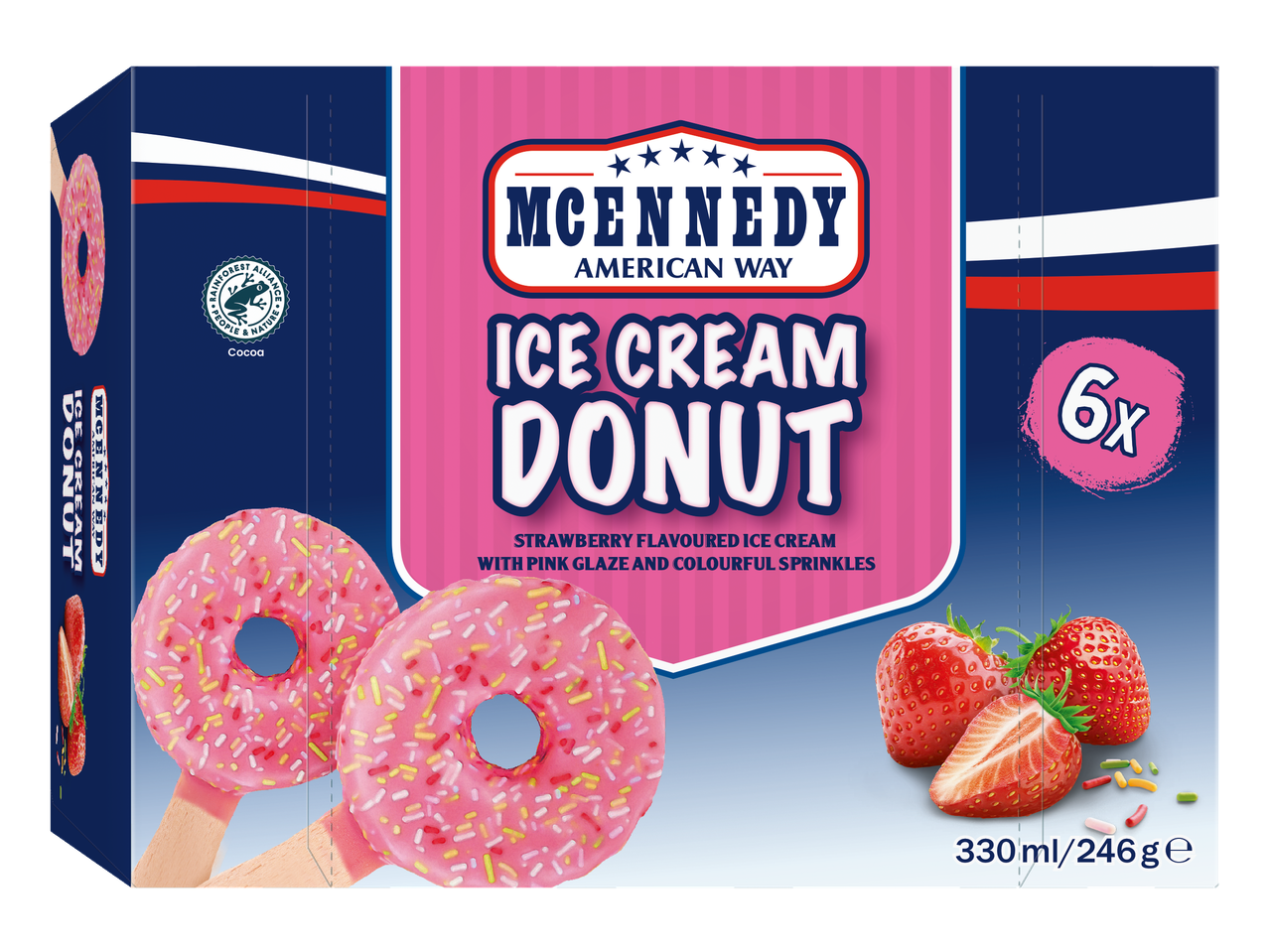 MCENNEDY Înghețată Donut cu căpșuni, glazură roz și stropi colorați, 6 bucăți.