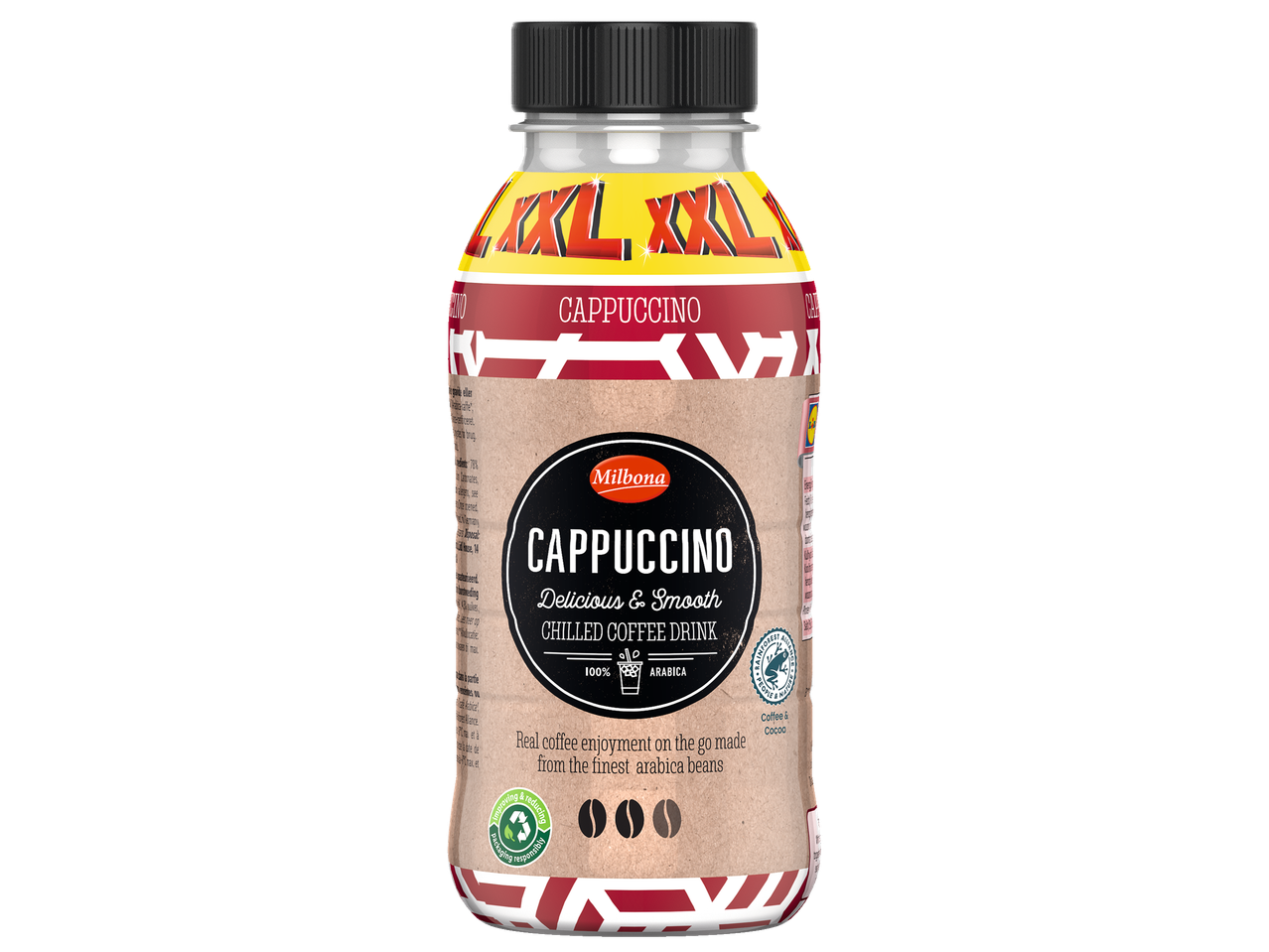 Milbona XXL Cappuccino gekoelde koffiedrank in een plastic fles.