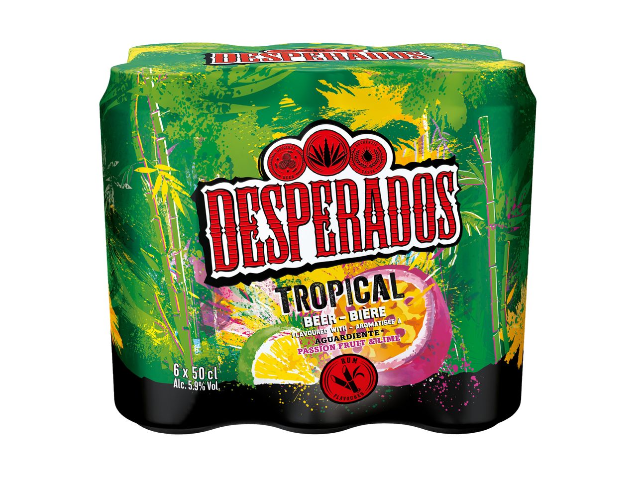 Sechs Dosen Desperados Tropical Bier mit Passionsfrucht und Limette.