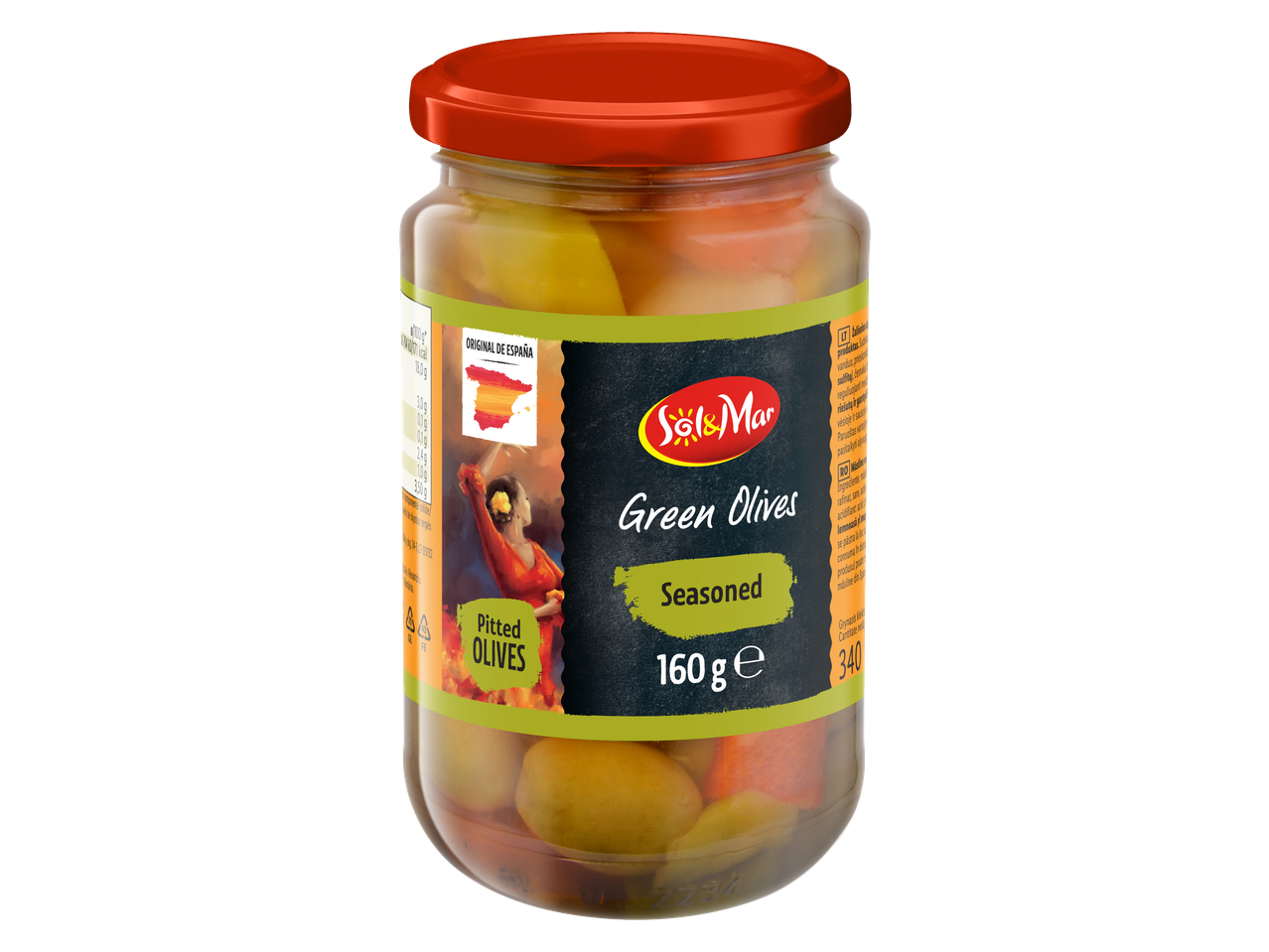 Borcan de măsline verzi fără sâmburi Sol&Mar, asezonate, 160g, cu o dansatoare spaniolă pe etichetă.