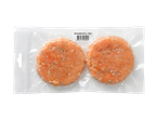 Kaks toorest lõhepihvi vaakumpakendis, sildil tekst 'RAW SALMON PATTIES - 2 PACK'.