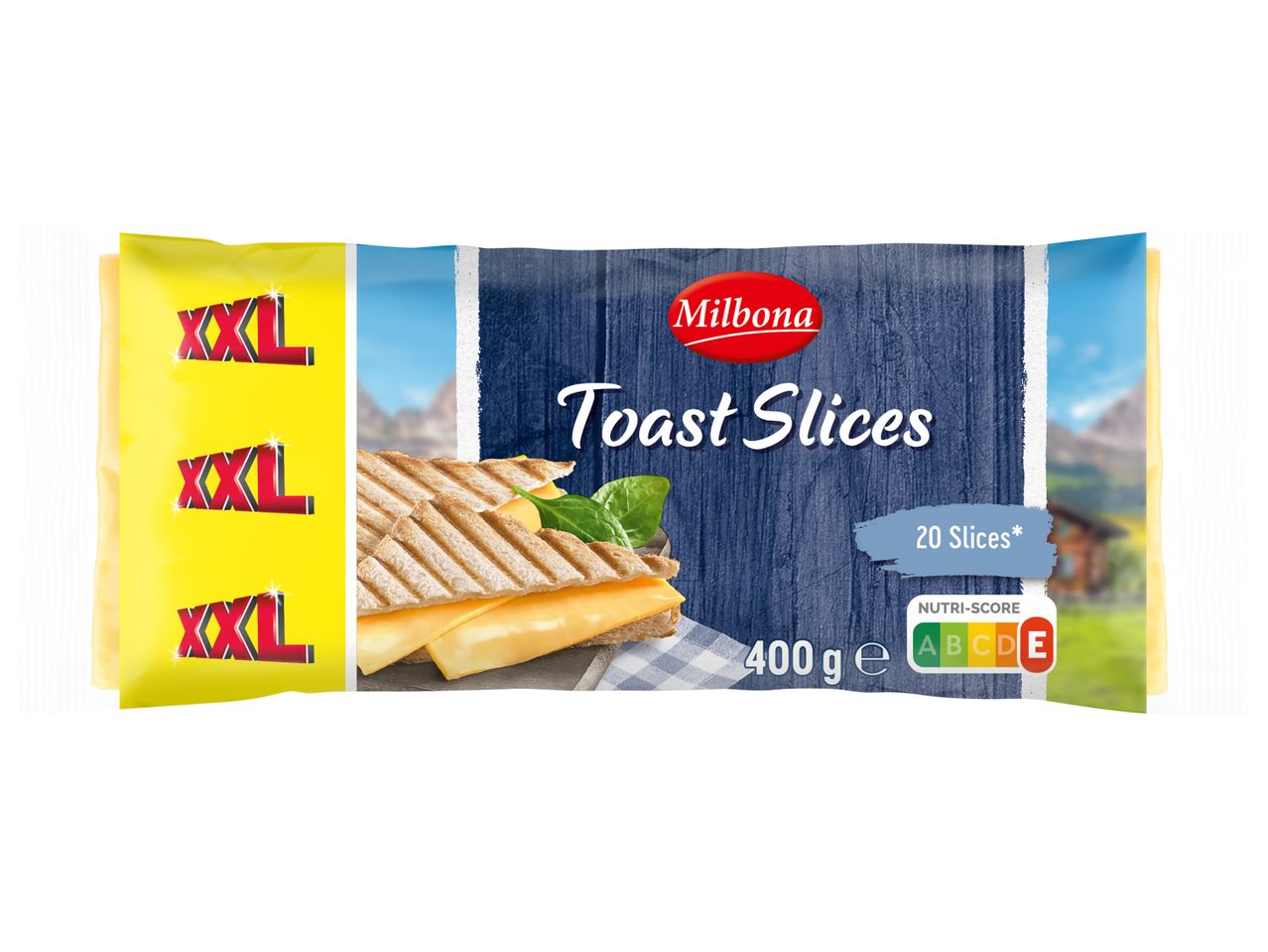 Опаковка XXL тост филийки сирене с 20 броя, 400 грама и Nutri-Score A.