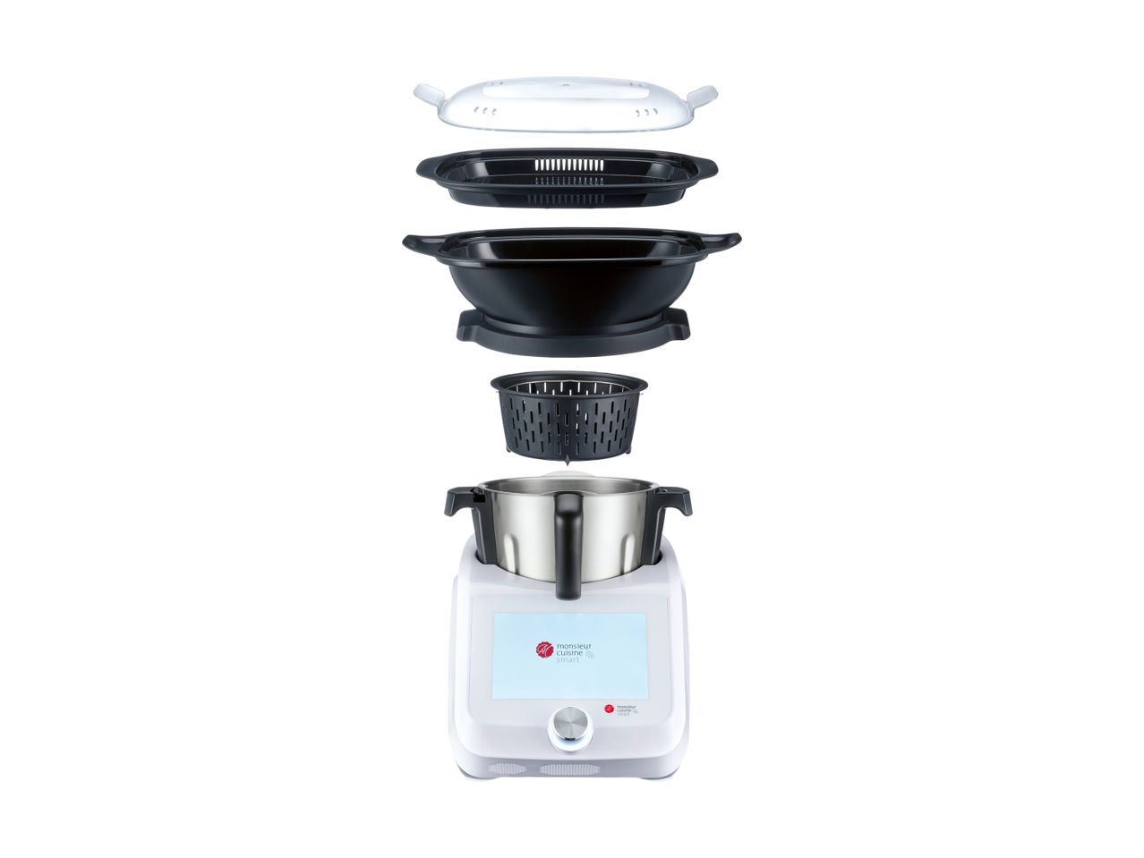 Exploded view of a Monsieur Cuisine Smart kitchen appliance with various attachments.