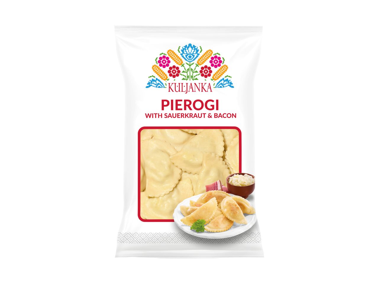 Packaging for pierogi with sauerkraut and bacon, featuring a folk-art design.