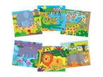 A set of eight colorful children's jigsaw puzzles featuring African animals.