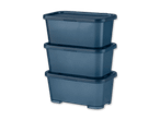 Drei gestapelte, rechteckige, blaue Aufbewahrungsboxen mit Deckeln.