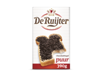 Verpakking met chocoladehagelslag puur, afgebeeld op een boterham.