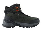 Dark green and black hiking boot with orange eyelets and a rugged sole.