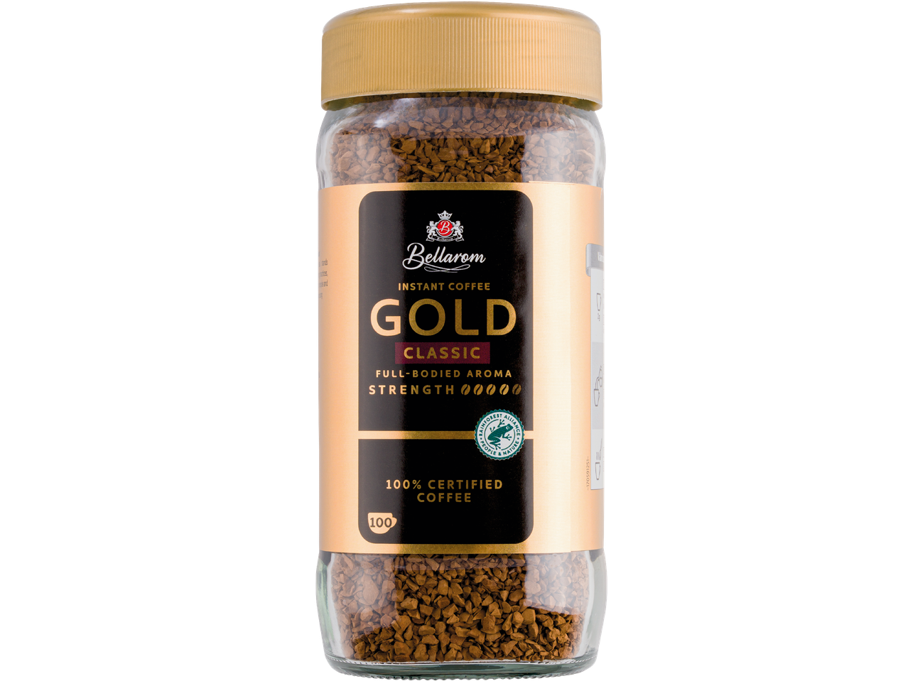 En burk Bellarom Gold Classic snabbkaffe med en guldlock och etikett.