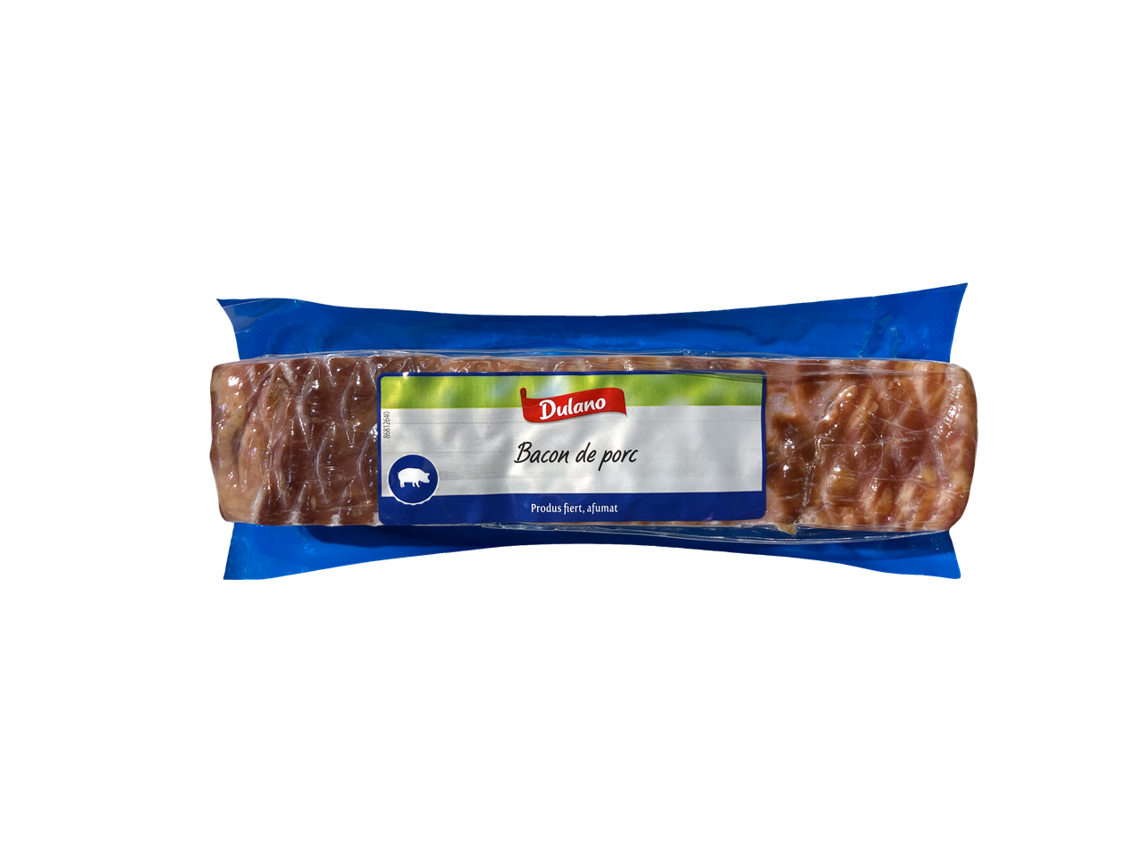 Bacon de porc Dulamo în ambalaj albastru.