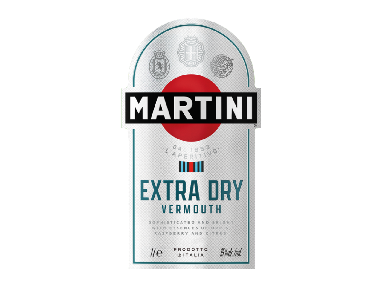 Етикет за вермут Extra Dry с текст „Sophisticated and bright with essences of orris, raspberry and citrus“.