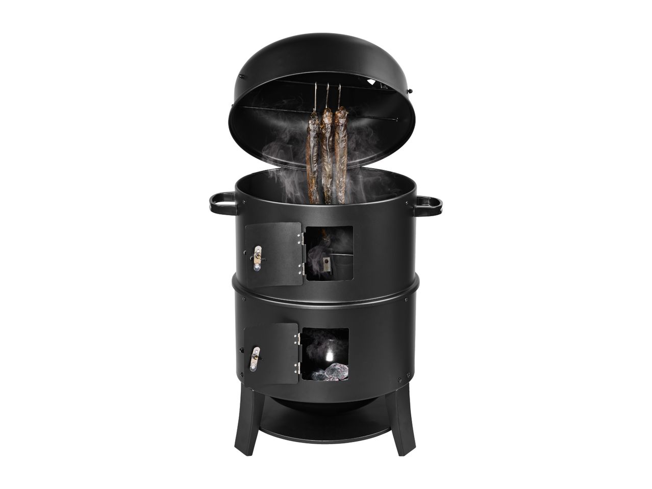 Black smoker with fish hanging inside, smoke coming out of the doors.