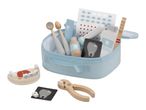A toy dentist kit with a light blue fabric case, dental tools, a tooth model, and X-rays.