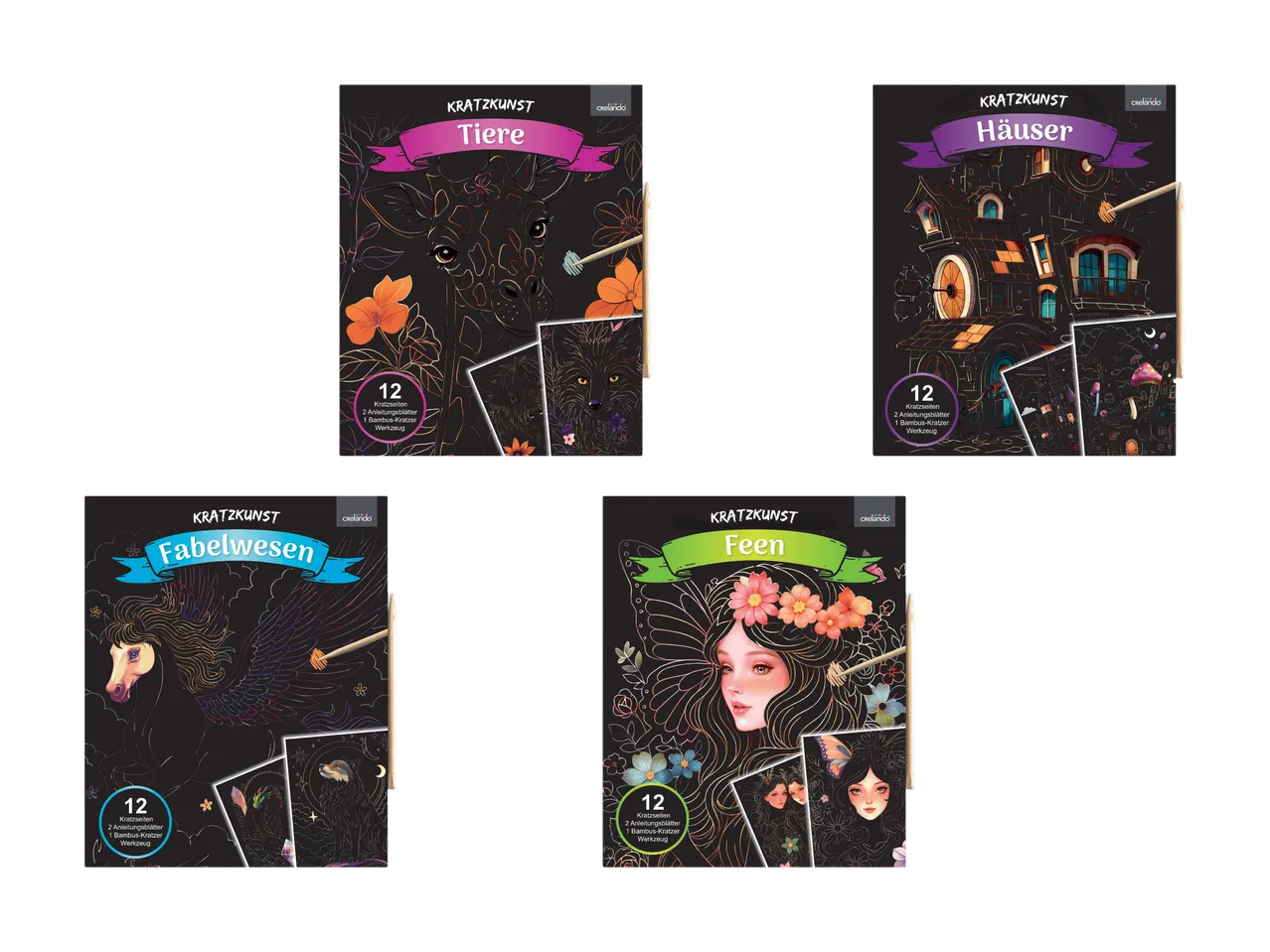 Quatre kits de cartes à gratter avec des animaux, des maisons, des créatures mythiques et des fées