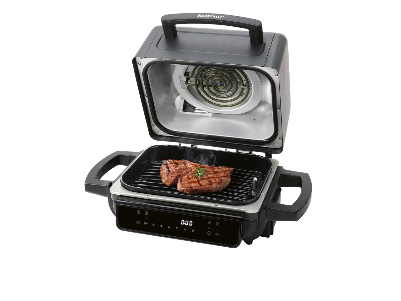 SILVERCREST® KITCHEN TOOLS Outdoor Electric BBQ Grill & Smoker with two steaks