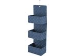 A three-tiered hanging organizer in dark blue denim fabric.