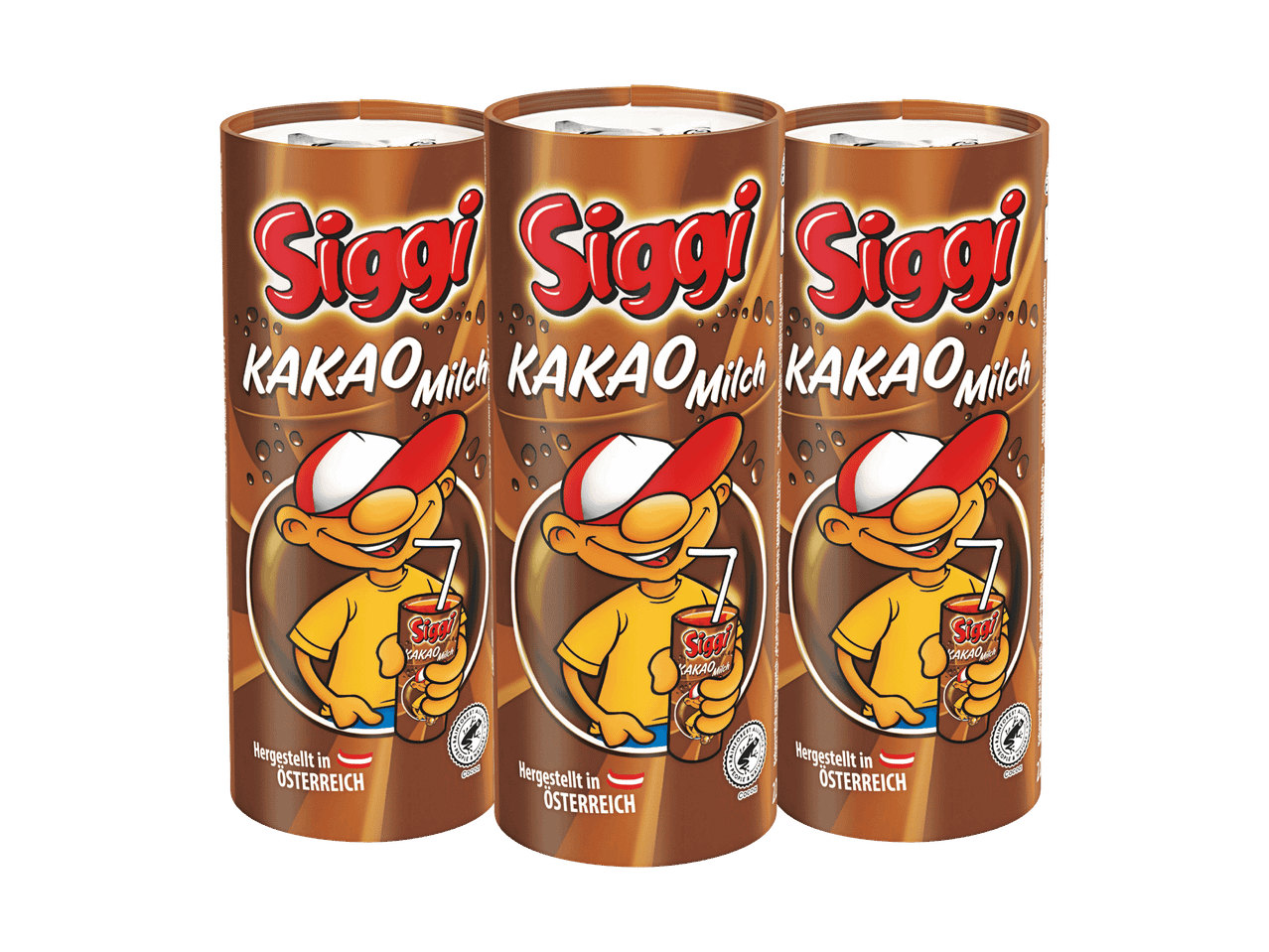 Drei braune Siggi Kakao Milch Getränke mit Cartoon-Junge und Aufschrift „Hergestellt in Österreich“