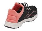 Black and pink women's athletic shoe with elastic laces, shown from a rear-side angle.