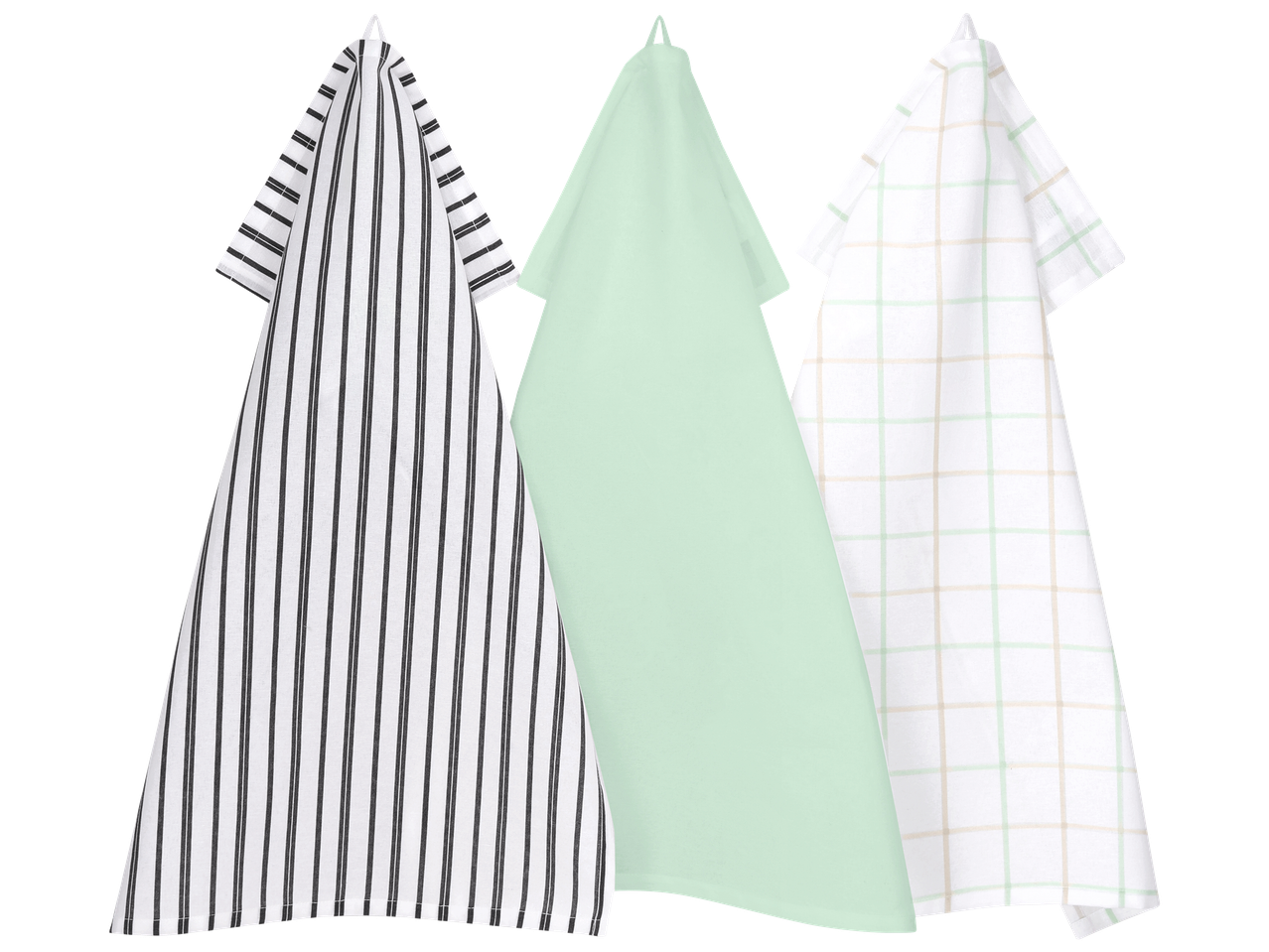 Trois torchons de cuisine suspendus : un rayé noir et blanc, un vert menthe uni et un à carreaux.