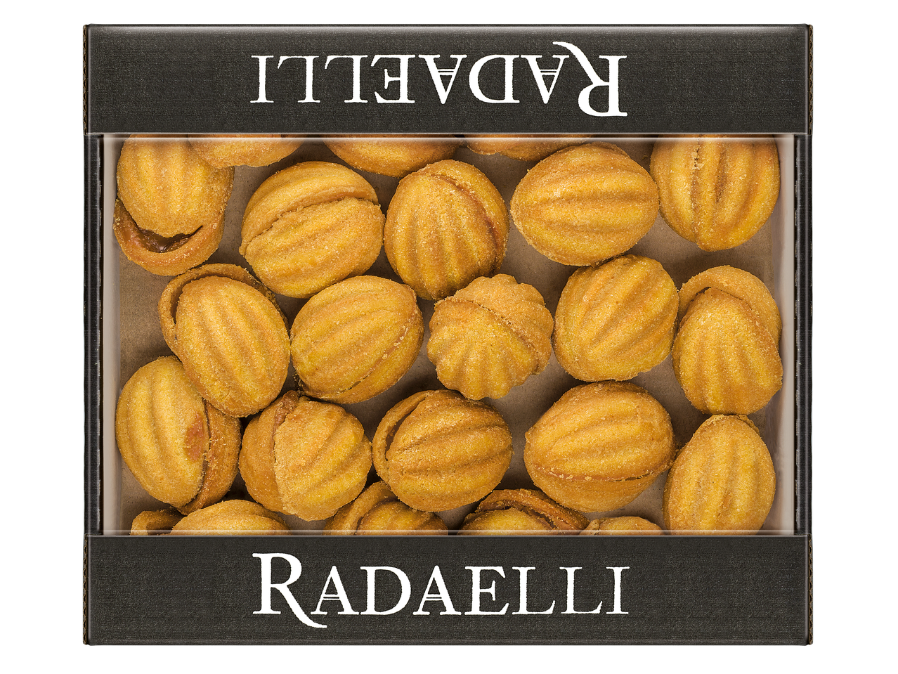 Кутия с жълти сладки, пълни с карамел, с надпис 'RADAELLI' отгоре и отдолу.
