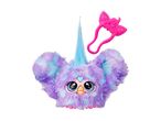 A purple and blue Furby toy with a pink hair clip.