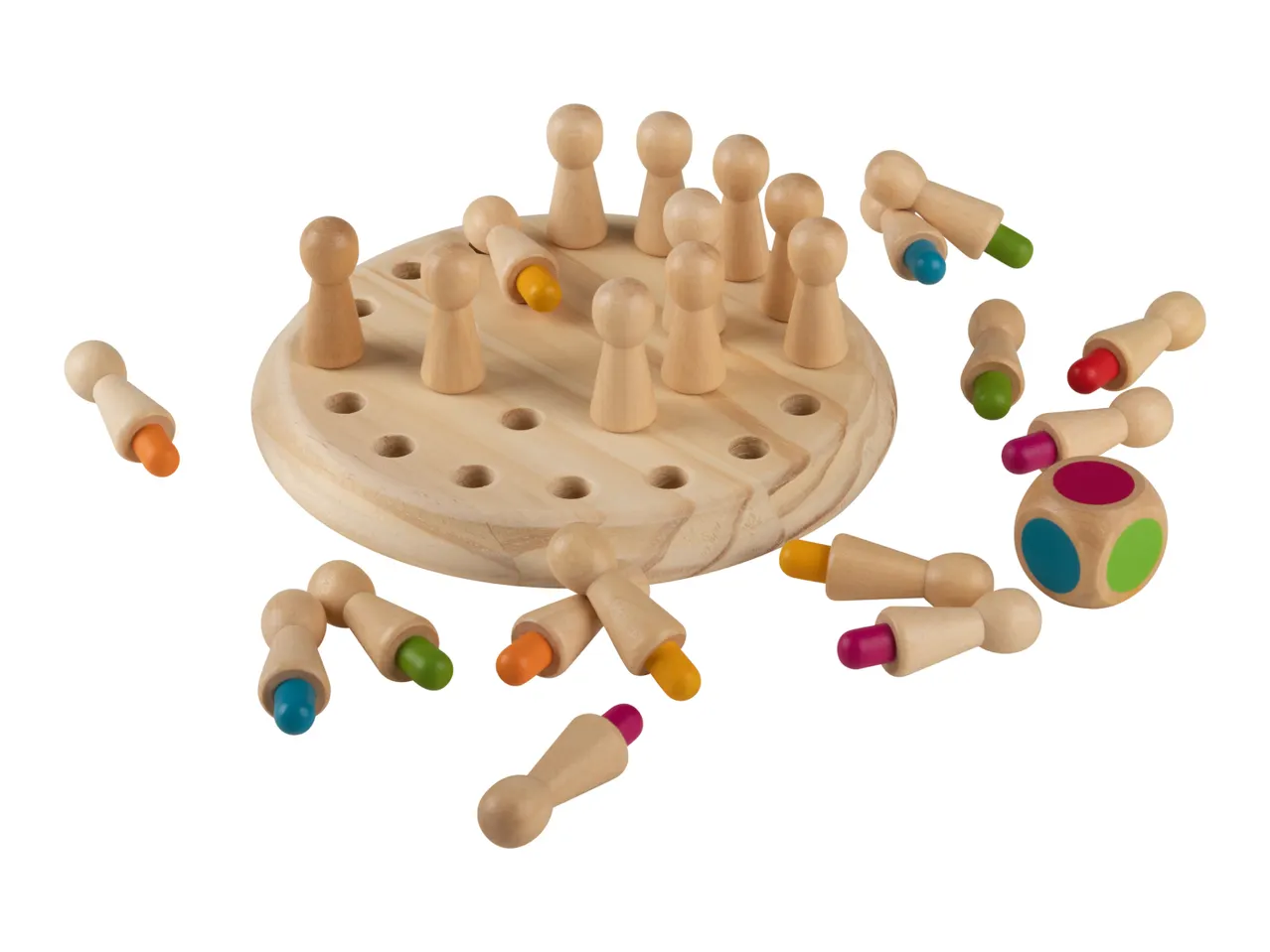 Wooden Ludo game with pawns and a die