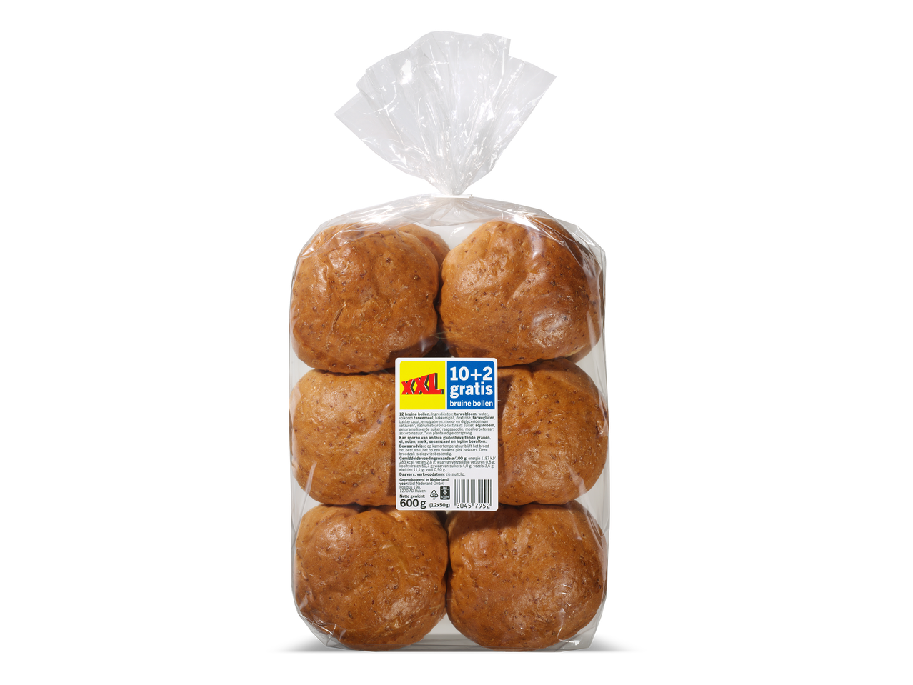 Een zak met 12 bruine broodjes, met een label dat 10+2 gratis aanbiedt en voedingsinformatie.