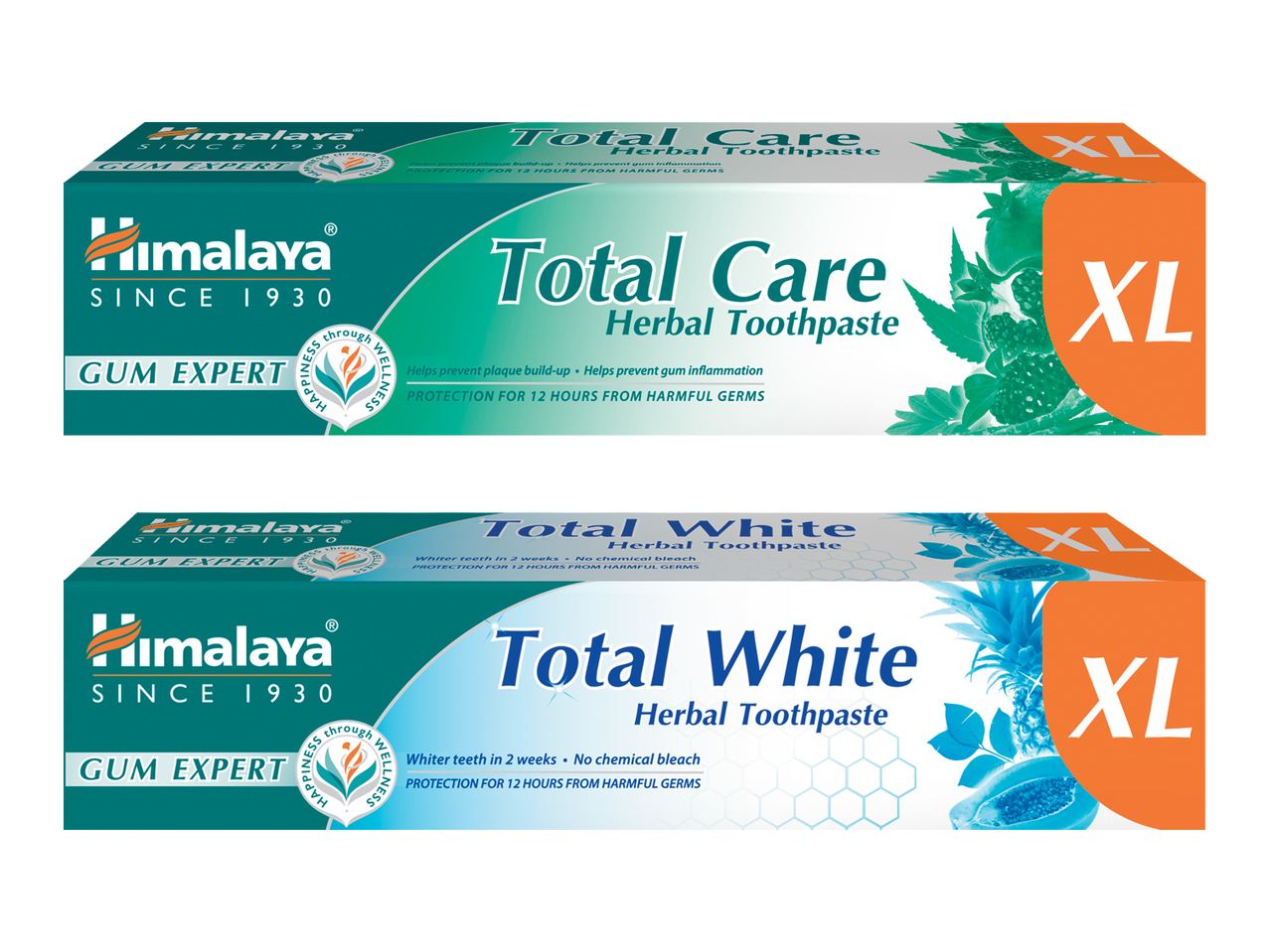 Pastă de dinți Himalaya Total Care și Total White, ambalaje XL.