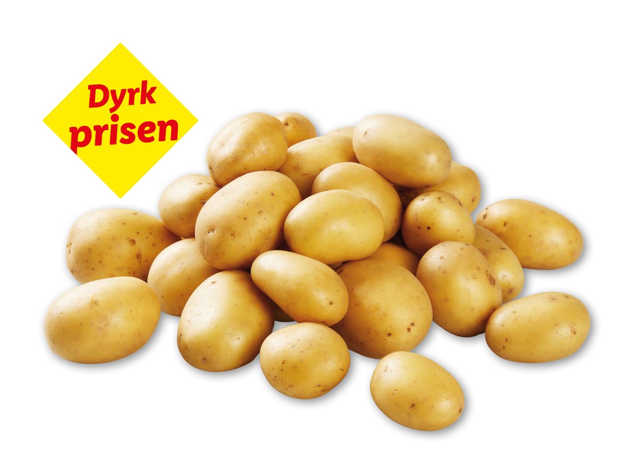 En bunke lyse kartofler med et gult skilt, hvorpå der står 'Dyrk prisen' i rød tekst.