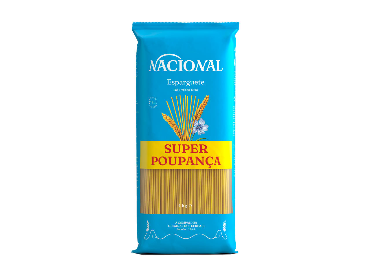 Embalagem azul de esparguete Nacional Super Poupança, 100% trigo duro, 1kg.