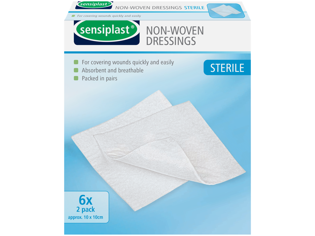Sensiplast® neaustinių tvarsčių pakuotė, sterili, 6x2 pakuotės, 10x10cm.