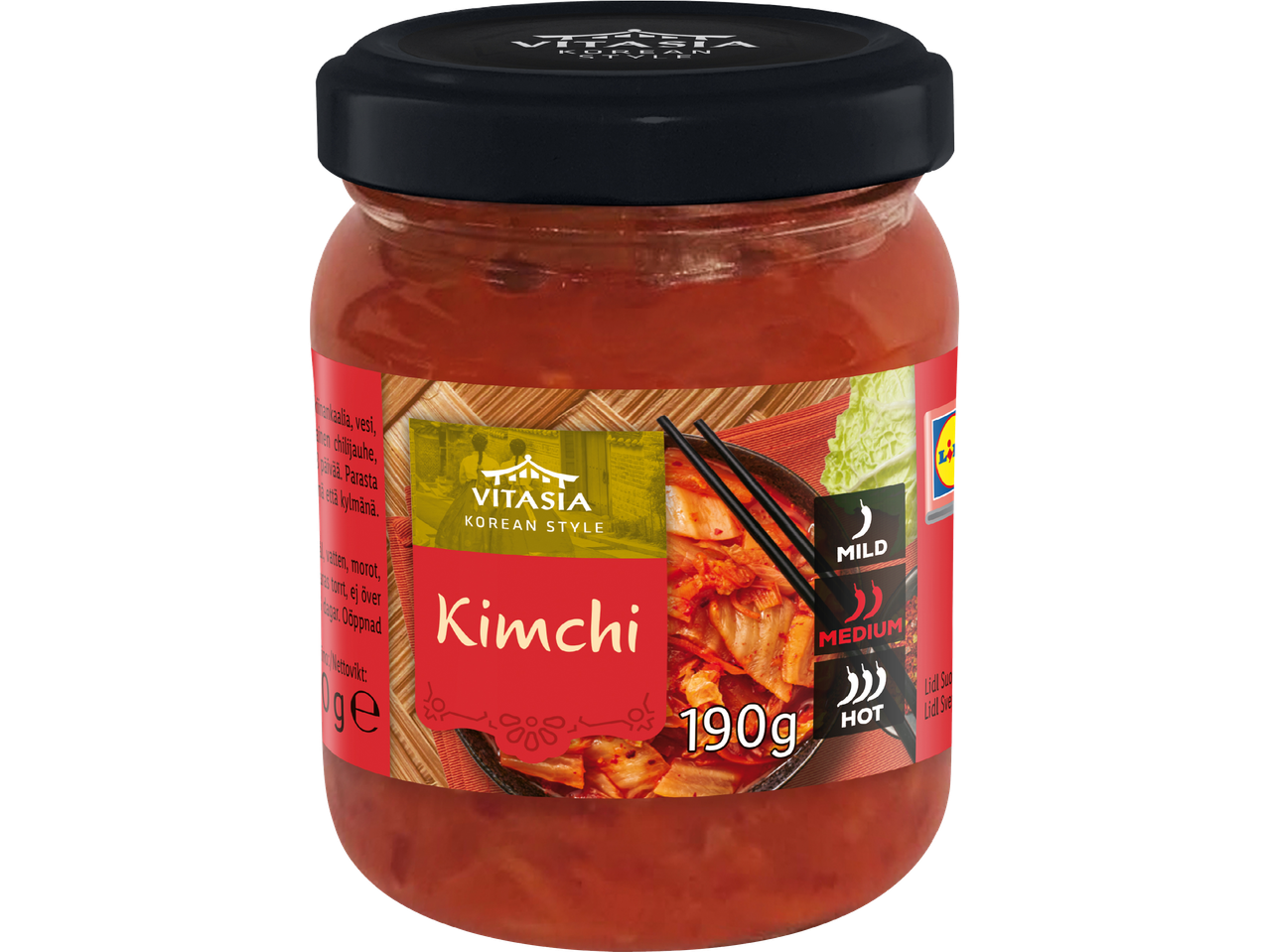 En burk Vitasia Kimchi, koreansk stil, 190g, mild till medium stark.