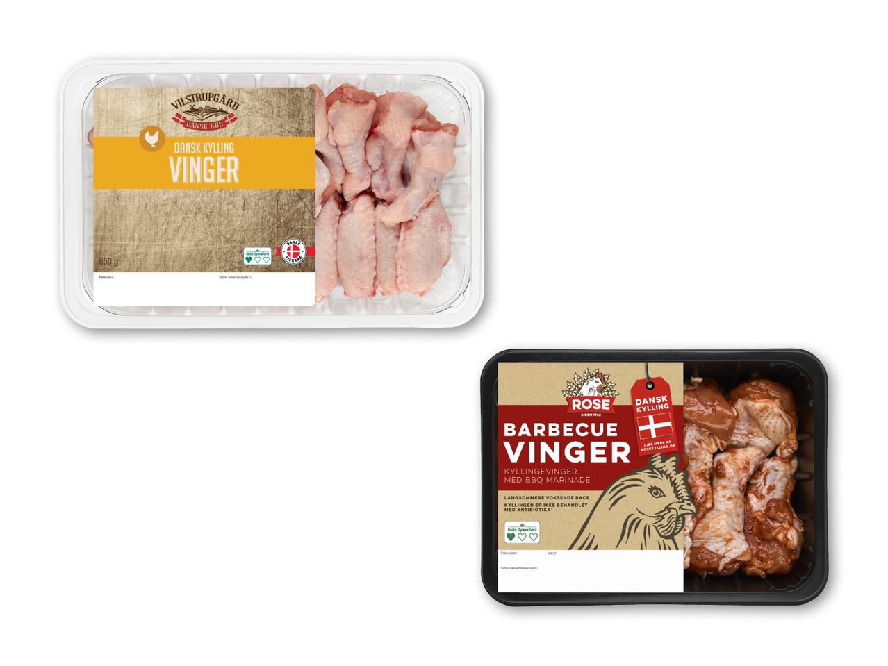 To pakker med rå kyllingvinger, klar til tilberedning.