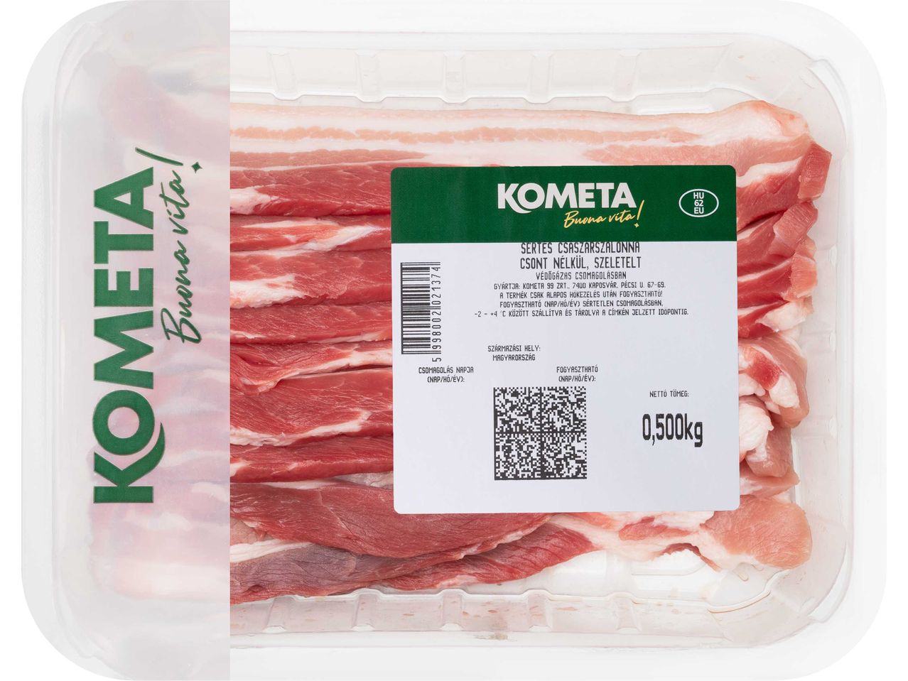 Kometa márkájú, szeletelt szalonna műanyag tálcában.