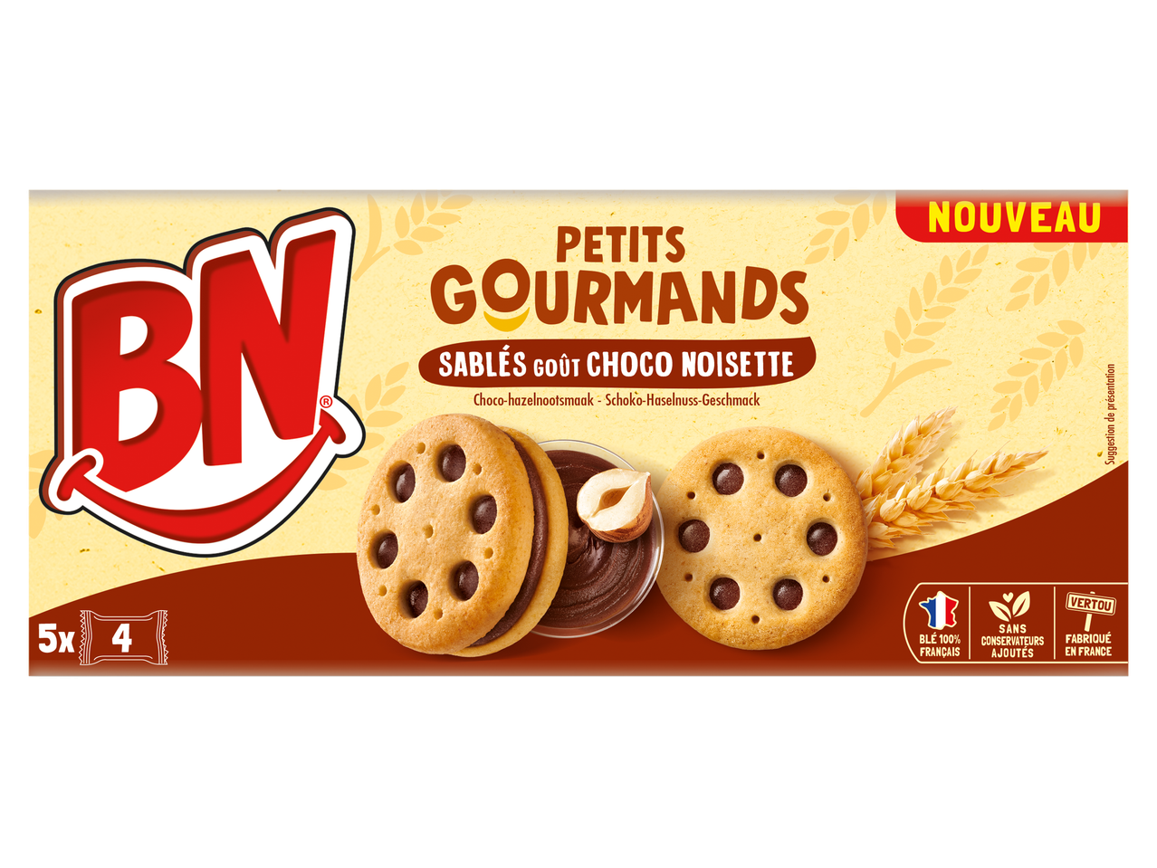 Paquet de biscuits sablés au chocolat et noisette, avec la mention 'Nouveau'.