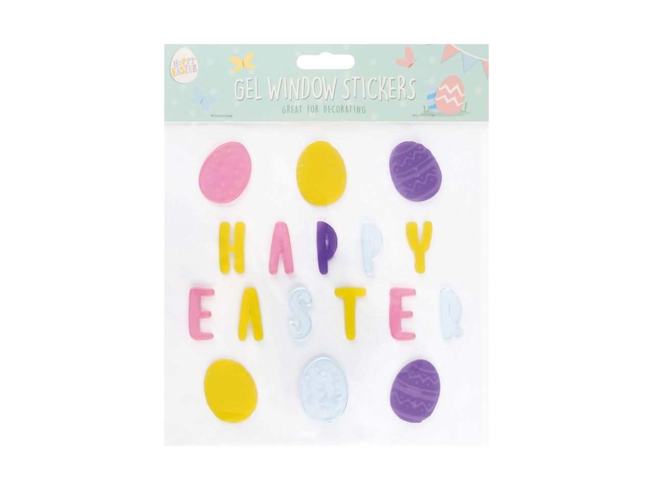 Easter gel window stickers spelling 'HAPPY EASTER' with egg shapes in various colors.
