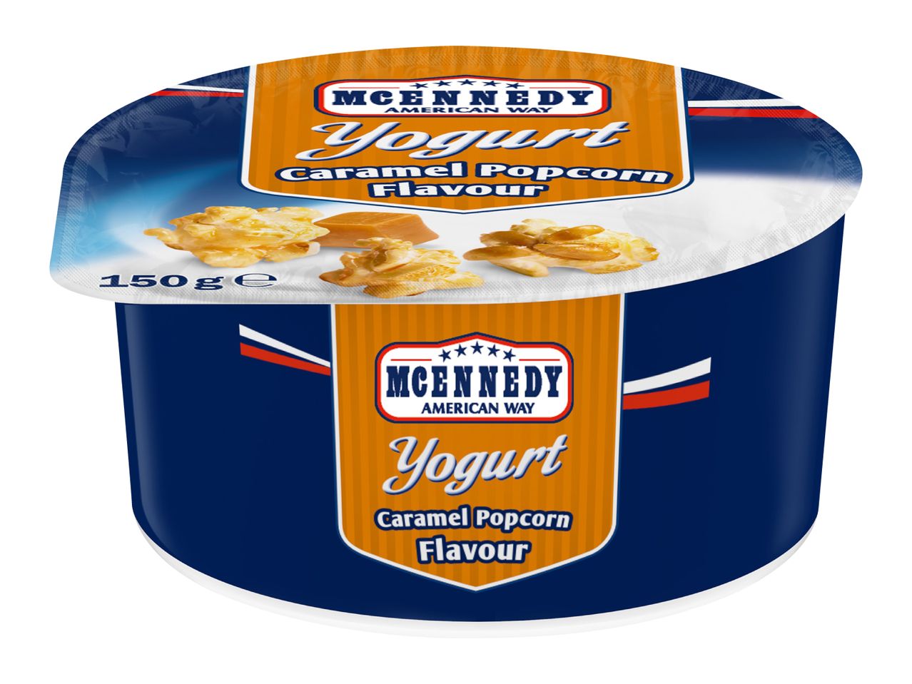 Yogurt with caramel popcorn flavor, 150g, in a blue and orange container.