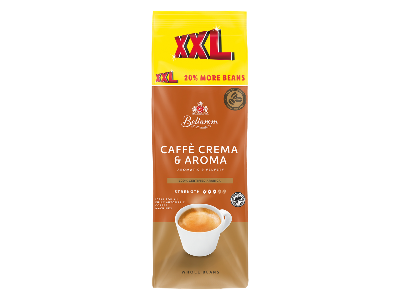 Paquet de café en grains entiers Caffè Crema & Aroma, 20% de grains en plus, force 3/5.