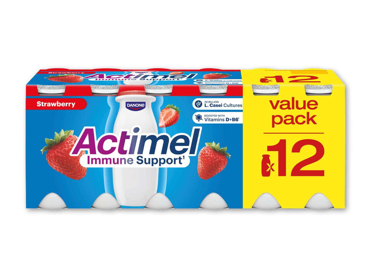 Actimel jordbær yoghurt i en 12-pak, med fokus på immunstøtte og vitaminer.