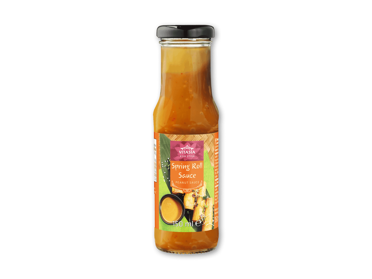 Flaske med forårsrullesauce med jordnøddesauce og billede af forårsruller.