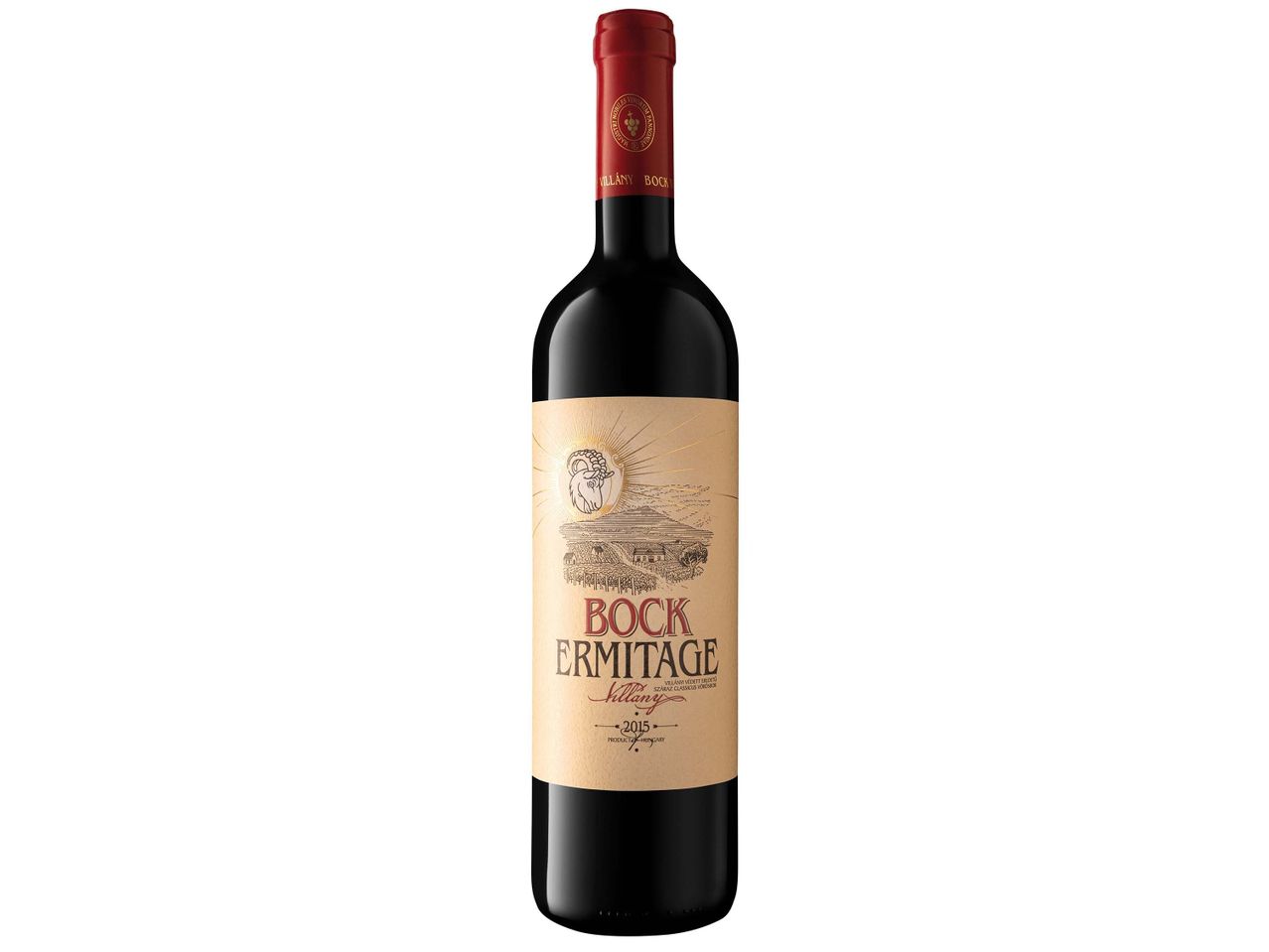 Egy palack Bock Ermitage Villány 2015 vörösbor.