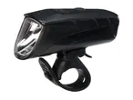 Black bicycle headlight with a clear lens and a flexible mounting strap.