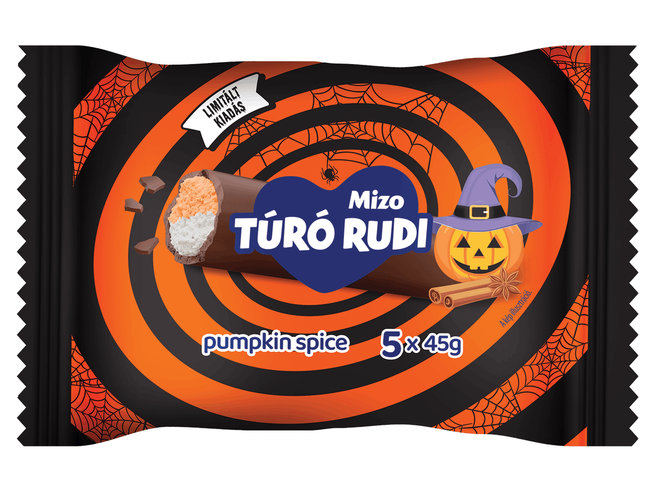 Sütőtökös fűszeres túródesszert 5 darabos kiszerelésben, halloweeni csomagolásban.