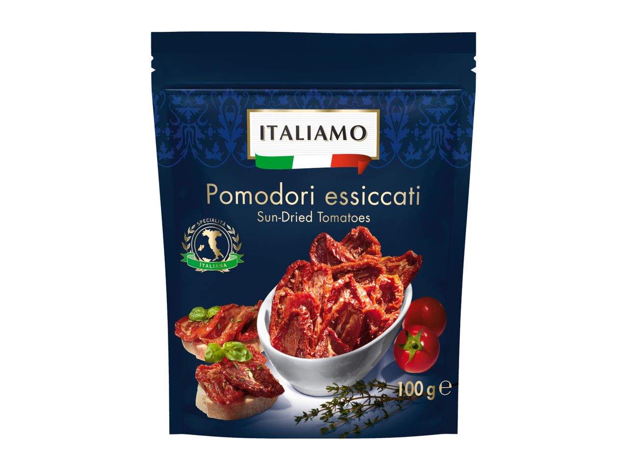 Dark blue pouch of sun-dried tomatoes, with fresh tomatoes, basil, and thyme.
