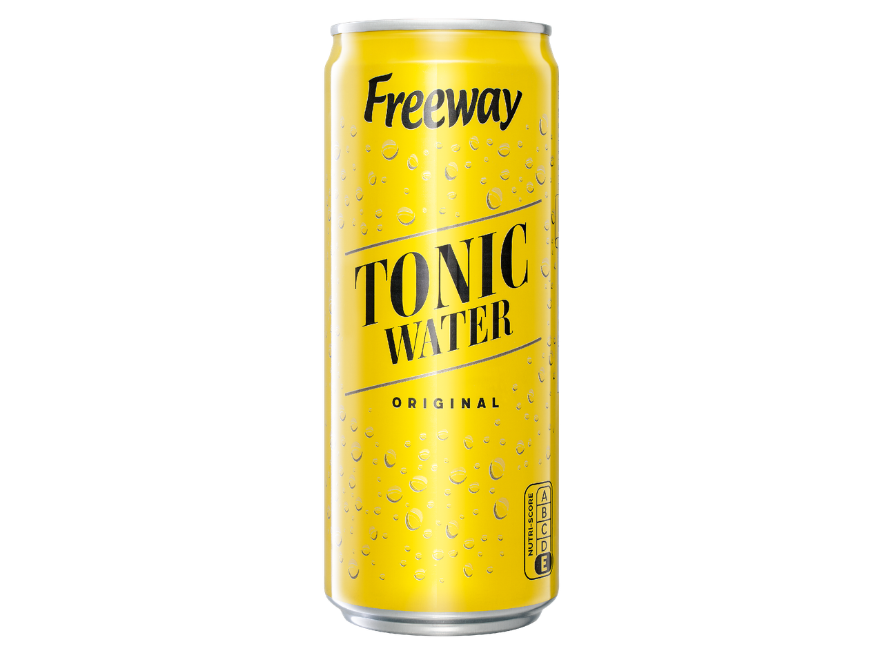 Жълта кутия тоник вода с надпис „Freeway Tonic Water Original“ и Nutri-Score E.