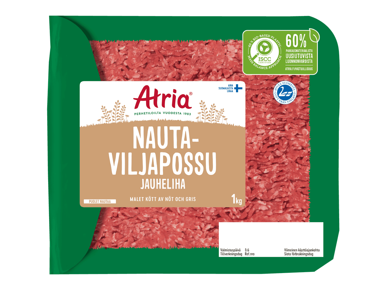 Atria Nauta-Viljapossu jauhelihapakkaus, 1 kg, 60 % biopohjaista muovia.